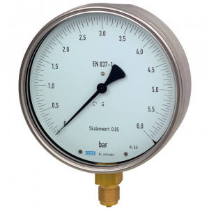 Feinmessmanometer, Ø 160 mm, 0 bis 60 bar, G1/2a unten, Genauigkeitsklasse 0,6, Skalenteilung 0,5, Anschluss aus Messing, Edelstahlgehäuse, Glasscheibe