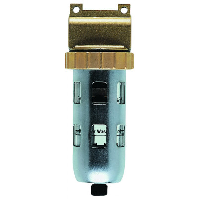 Kompakt-Druckluftfilter mit Kunststoffbehälter, Metallschutzkorb und Handablassventil, G3/8i / G1/4i, BG 03, Filtereinsatz 40 µm, 1050 l/min
