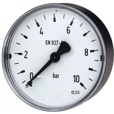 Standard-Manometer Ø 40 mm, 0 bis 10 bar, G1/8a hinten, Genauigkeitsklasse 2,5, Anschluss aus Messing, Kunststoffgehäuse, Kunststoffscheibe