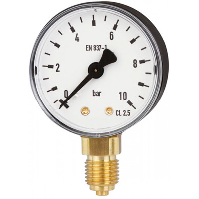 Standard-Manometer Ø 63 mm, -1 bis 15 bar, G1/4a unten, Genauigkeitsklasse 2,5, Anschluss aus Messing, Kunststoffgehäuse, Kunststoffscheibe