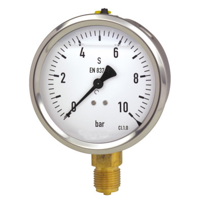 Edelstahl-Manometer mit Glyzerinfüllung, Ø 63 mm, 0 bis 60 bar, G1/4a unten, Genauigkeitsklasse 1,6, Anschluss aus Messing, Edelstahlgehäuse, Kunststoffscheibe