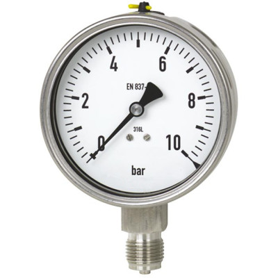 Edelstahl-Manometer, Chemieausführung, Ø 100 mm, -1 bis 0 bar, G1/2a unten, Genauigkeitsklasse 1, Anschluss aus Edelstahl, Edelstahlgehäuse, Mehrschichtensicherheitsglas