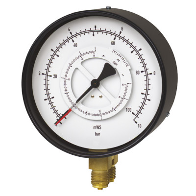 Differenzdruckmanometer, Ø 100 mm, 0 bis 0,6 bar, 2x G1/2a unten, Genauigkeitsklasse 1,6, Anschluss aus Messing, Stahlgehäuse, Glasscheibe