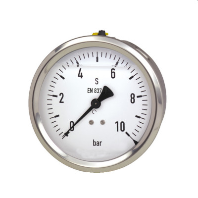 Edelstahl-Manometer mit Glyzerinfüllung, Chemieausführung, Ø 63 mm, -1 bis 0 bar, G1/4a hinten, Genauigkeitsklasse 1,6, Anschluss aus Edelstahl, Edelstahlgehäuse, Kunststoffscheibe