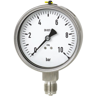 Edelstahl-Manometer mit Glyzerinfüllung, Chemieausführung, Ø 63 mm, 0 bis 40 bar, G1/4a unten, Genauigkeitsklasse 1,6, Anschluss aus Edelstahl, Edelstahlgehäuse, Kunststoffscheibe