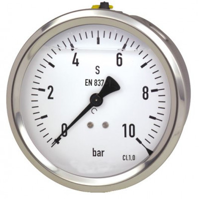Edelstahl-Manometer mit Glyzerinfüllung, Ø 63 mm, -1 bis 5 bar, G1/4a hinten, Genauigkeitsklasse 1,6, Anschluss aus Messing, Edelstahlgehäuse, Kunststoffscheibe
