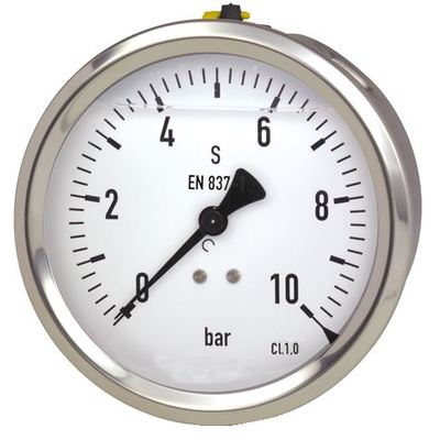 Edelstahl-Manometer mit Glyzerinfüllung, Ø 63 mm, 0 bis 160 bar, G1/4a hinten, Genauigkeitsklasse 1,6, Anschluss aus Messing, Edelstahlgehäuse, Kunststoffscheibe