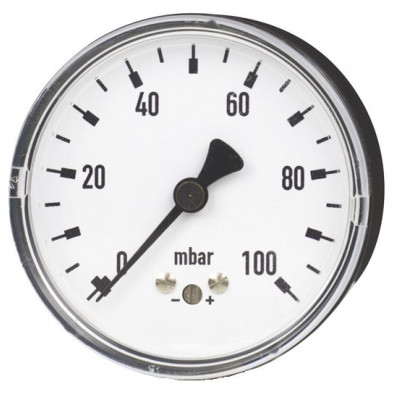 Standard-Manometer mit Kapselfeder, Ø 63 mm, 0 bis 100 mbar, G1/4a hinten, Genauigkeitsklasse 2,5, Anschluss aus Messing, Kunststoffgehäuse, Kunststoffscheibe
