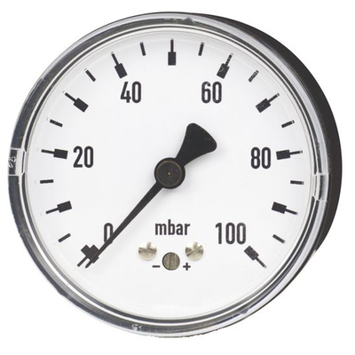 Standard-Manometer mit Kapselfeder, Ø 63 mm, 0 bis 60 mbar, G1/4a hinten, Genauigkeitsklasse 2,5, Anschluss aus Messing, Kunststoffgehäuse, Kunststoffscheibe