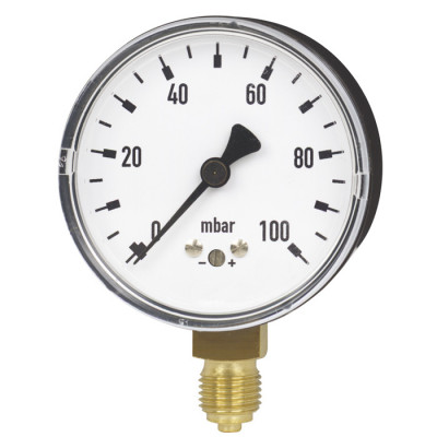 Standard-Manometer mit Kapselfeder, Ø 63 mm, -60 bis 0 mbar, G1/4a unten, Genauigkeitsklasse 2,5, Anschluss aus Messing, Kunststoffgehäuse, Kunststoffscheibe