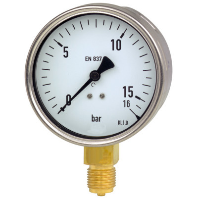 Heavy Duty-Manometer, Ø 100 mm, 0 bis 16 bar, G1/2a unten, Genauigkeitsklasse 1, Anschluss aus Messing, Edelstahlgehäuse, Glasscheibe