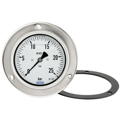 Standard-Manometer mit Frontring verchromt, Ø 63 mm, 0 bis 1,6 bar, G1/4a hinten, Genauigkeitsklasse 2,5, Anschluss aus Messing, Kunststoffgehäuse, Kunststoffscheibe