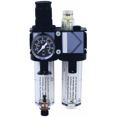 Wartungseinheit 2-teilig, Filterdruckregler/Nebelöler, V-Bloc, BG 02, G1i, mit Kunststoffbehälter, Filtereinsatz 40 µm, 5000 l/min