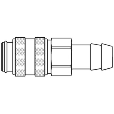 Mini-Schnellverschlußkupplung aus Messing, einseitig absperrend, NBR, mit Schlauchtülle 6 mm, NW5, max. 35 bar, -20 bis 100°C