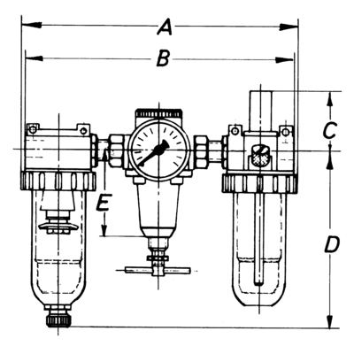 Kompakt-Wartungseinheit 3-teilig mit Metallbehälter und Handablassventil, G1/2i, BG 06, 1830 l/min