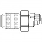 Schnellverschlußkupplung aus Edelstahl 1.4305, beidseitig absperrend, FKM. Mit Überwurfmutter, für Pneumatikschlauch 4 x 6 mm, NW5, max. 35 bar, -15 bis 200 °C