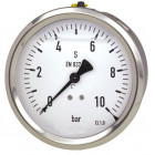 Edelstahl-Manometer mit Glyzerinfüllung, Ø 63 mm, -1 bis 0 bar, G1/4a hinten, Genauigkeitsklasse 1,6, Anschluss aus Messing, Edelstahlgehäuse, Kunststoffscheibe